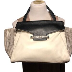 Vince Camuto Satchel Leather Snakeskin Colorblock Handbag Black Cream W-JULIA